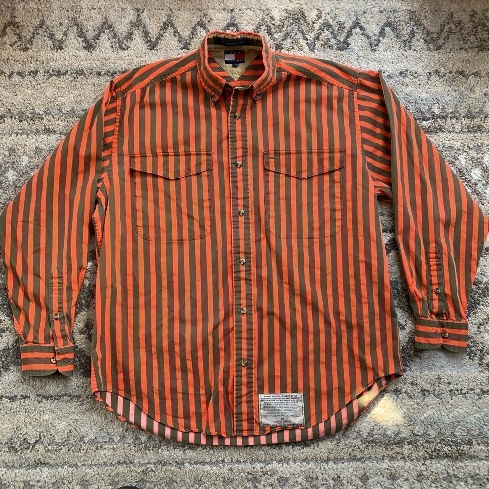 Tommy Hilfiger Green Orange Striped Shirt Small